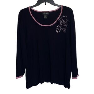 Requirements Woman plus size 2X black pink embroidered long sleeve pull-over top